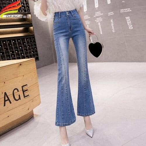Blue Casual High Waist Flare Leg Denim Jeans Women 2020 Summer Stretchy Long Trousers Ladies Solid Denim Pants