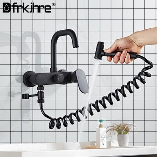 Kitchen Faucets Solid Brass Chrome Black Kitchen Sink Mixer Tap Hot & Cold Wall Mounted With Spray Gun Rotating Sink Mixer