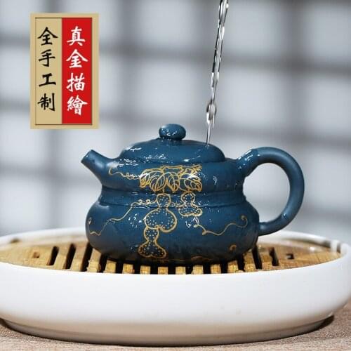 Raw ore Tianqing clay painted gold gourd purple clay teapot pure handmade green clay household teapot Kung Fu Tea Set