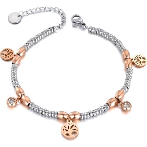 Trendy Stainless Steel CZ Crystal & Tree Charm Bracelets For Women Girls Rose Gold Chain & Link Bracelet Jewelry B19107