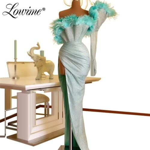 Feather Evening Dress One Shoulder Long Sleeves Celebrity Dresses Evening Wear Dubai Arabic Mermaid Prom Dress Robe De Soiree
