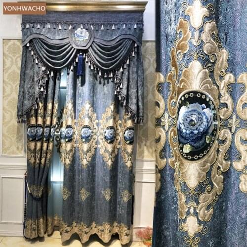 Custom curtain European pastoral modern living room hollow embroidery blue cloth blackout curtain valance tulle drapery C772