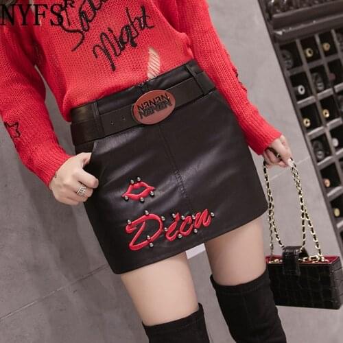 NYFS 2021 New Autumn Winter womens skirts Fashion show thin Slim embroidered PU leather mini skirt Hip mujer faldas(send belt)