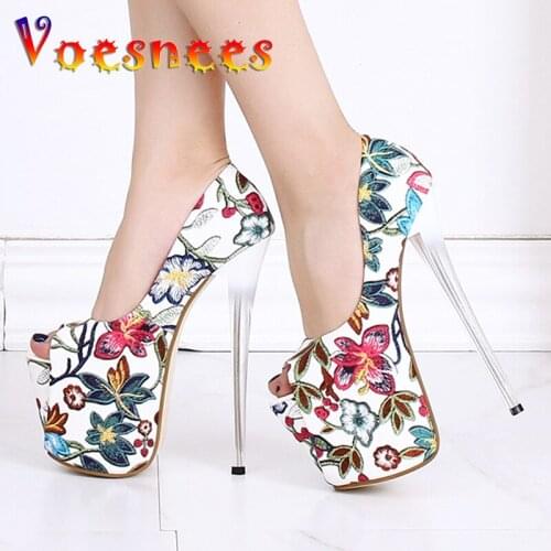 Voesnees Fish Mouth High Heel Women Autumn Thick Bottom Fine Heel 19 CM Shoes Open Toe Shallow Mouth Printing Wedding Shoes