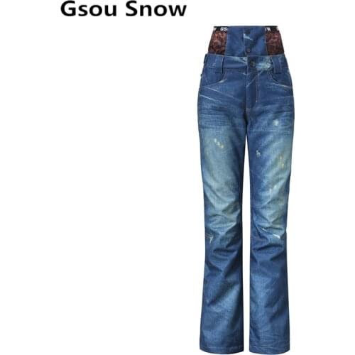 Women Winter Outdoor Padded Jeans Ski Pants Female Thick Waterproof High Waist Denim Snowboarding Climbing Sport Trousers