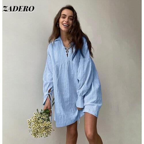 Shirt Dresses Women 2021 Sexy Blue V-neck Hollow Lace Up Pleated Long Sleeved Bow Tie Wide Loose Mini Dress Casual Female