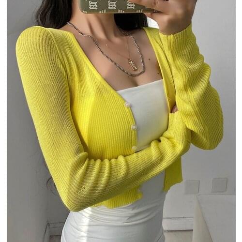 Women V-neck Sexy Slim Short Knitted Cardigan Long Sleeve Sunscreen T-Shirt 2020 New Button Causal Tops S452