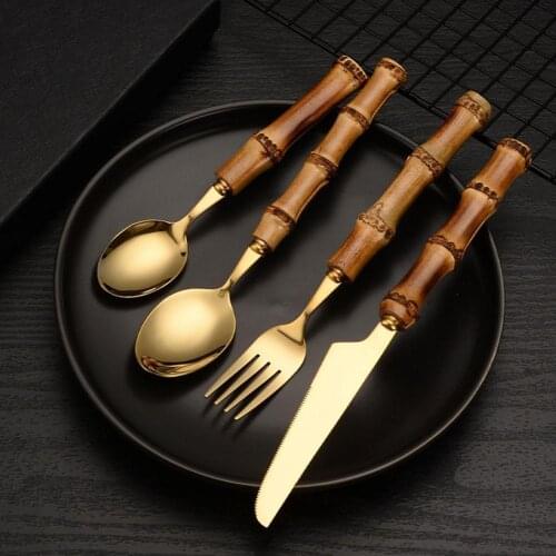 1PC Creative Tableware With Bamboo Handle Steak Knives Cutlery Steel Flatware Cutlery Forks Spoons Knives