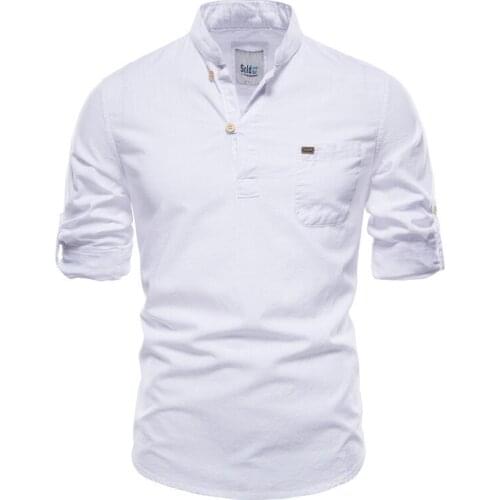 2021 Spring Mens Long-sleeved Shirt Turtleneck T-shirt Cotton Linen Casual Slim Mens Shirts