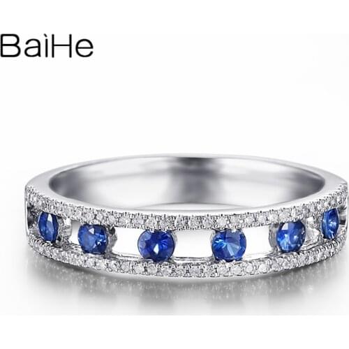 BAIHE Solid 18K White Gold 0.36CT Round Natural Sapphires Wedding Women Cute/Romantic Jewelry Gift Simple diamond Sapphires Ring