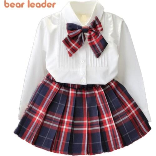 Bear Leader Girl Dress New Princess Dresses Class Uniforms Kids Girls Bow T-shirt+Plaid Dress Children Costume Clothing 2pcs