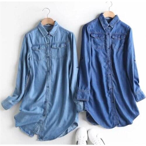 Women Blouse Spring Autumn Casual Shirts Mid-length Long Sleeve Denim Jeans Tops Casual Women Shirt Blusa Mujer Plus Size S~3XL
