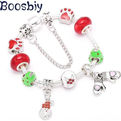 Boosbiy Silver Plated Santa Claus Charm Bracelet For Women DIY Pink Love Gloves Fit Brand Bracelet Charistmas Jewelry Gift