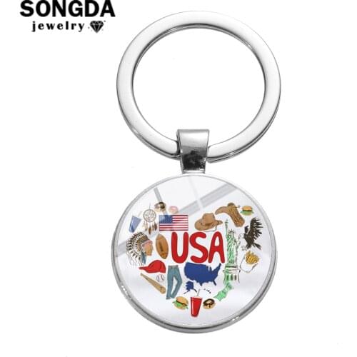 SONGDA 2019 Novelty Multiple National Style Keychain USA Italy Finland Impressionist Art Patterns Glass Round Key Ring Idea Gift