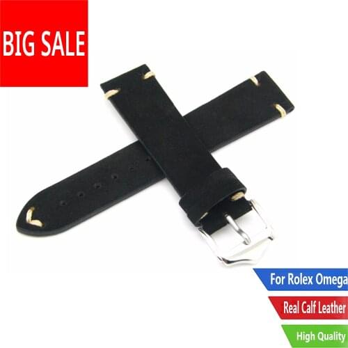 CARLYWET 20 22 24mm Real Calf Suede Leather Handmade Stitch Black Watch Band For Rolex Omega Tag Heuer Tudor