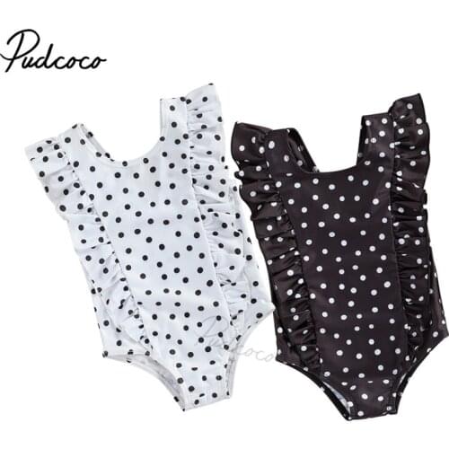 Infant Baby Girls One-piece Swimsuit, Summer Children Fashionable Black/White Wave Point Sleeveless Swimwear for Vacation 6M-5T