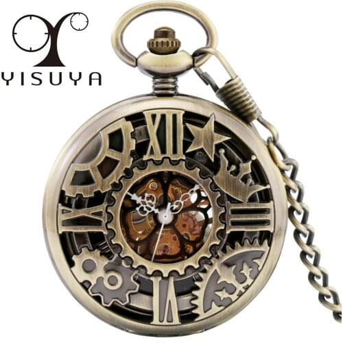 Antique Punk Gearwheel Display Half Hunter Mechanical Pocket Watch Exquisite Hand Winding Pocket Clock Retro Watch Unisex Gifts