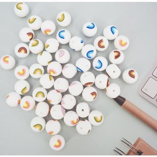 Chenkai 50PCS BPA Free Silicone Rainbow Bead Baby Teething Nacklace Beads For Baby Chewable Dummy Cartoon Pacifier Accessories