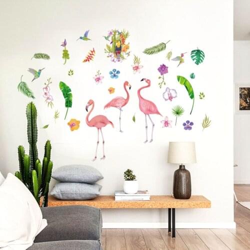 Dreamily Pink Flamingo Wall Sticker For Kids Rooms Bedroom Girls Rooms Modern Home Decor Cartoon Animals Green Leaf Wall Decor