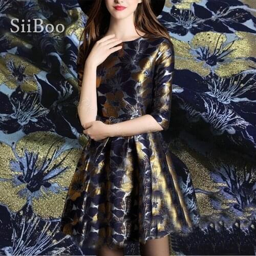 Double faced blue with gold metallic floral jacquard brocade fabric for coat dress cotton tissue cloth for sewing tela SP4091