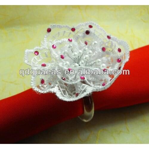 Crystal diamond sheet cheap napkin ring white silk flower, napkin holder for wedding