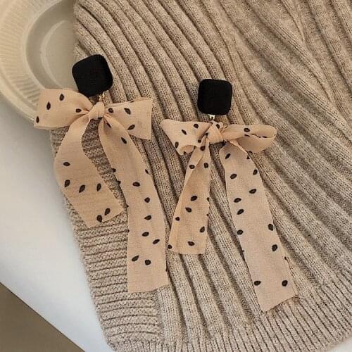 Korean Pink Polka Dot Bow Pendant Drop Dangle Earrings for Women 2021 Statement Winter Long Earrings Party Jewelry Wholesale