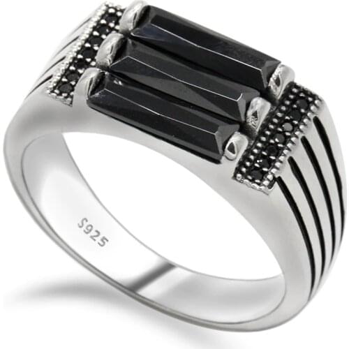 Male Ring 925 Sterling Silver Men Ring Parallel Zebra Lines Black Zircon Band Punk Style Ring for Men Party Jewelry Wedding Ring