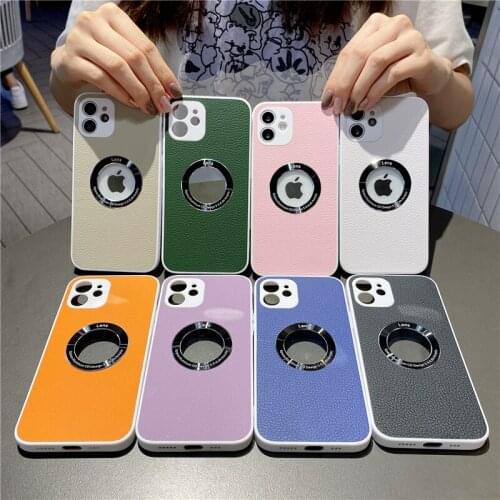 Luxury Hybrid Leather Shockproof LOGO Hole Phone Case For iPhone 12 Mini 11 Pro XS Max XR X 8 7 Plus SE 2020 Soft Silicone Cover