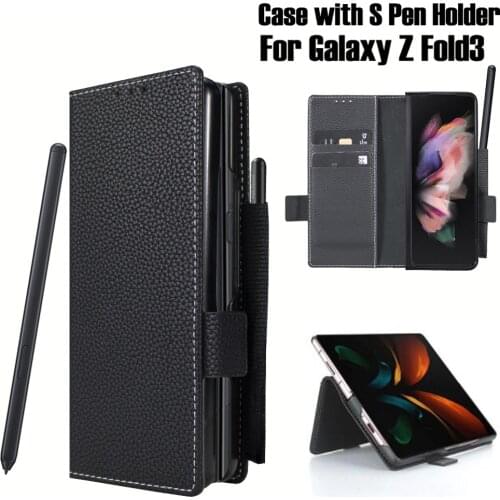S Pen Holder Case for Samsung Galaxy Z Fold 3 Fold3 Leather Wallet Cover Built-in Stylus Socket Slot 2-in-1 Magnetic Detachable