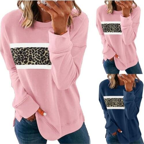 Leopard Long Sleeve Round Neck Casual Sweatshirt 2021 Spring New Hoodies Pink Blue Crew Neck Sweatshirts