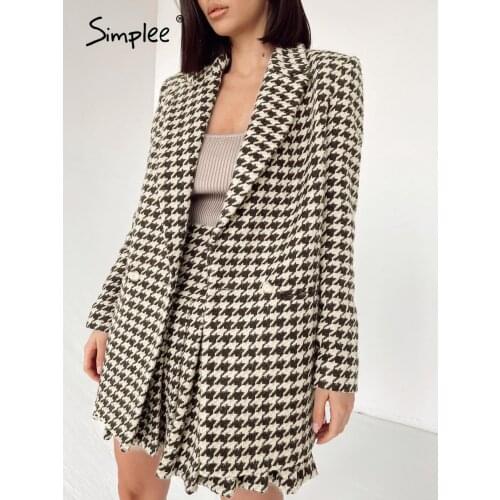 Simplee Office plaid shawl Collar women blazer autumn Elegant houndstooth high waist wrap blazer skirt Za long sleeve skirt suit