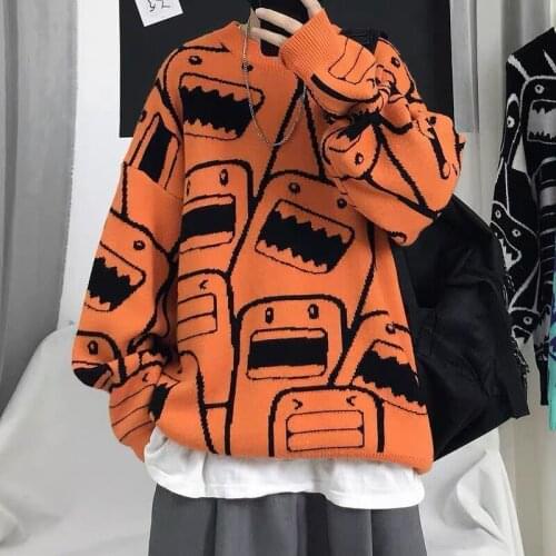 Cartoon Sweater Mens Trend Loose Round Neck T-Shirt Hong Kong Style Autumn Winter Version Cool Sweater Coat Student Fashion