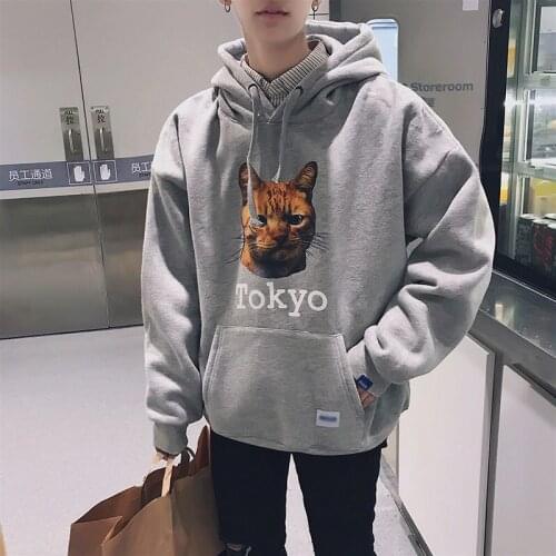 Harajuku Streetwear Fleece Black Hoodie Loose Casual Cat Sweatshirt Men Pullover Solid color Male Tops