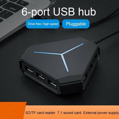 USB 2.0 HUB 6 Port 1m Cable Splitter With TF SD Card Reader Mic AUX Cool Light Charging for Multi-device Desktop Laptop