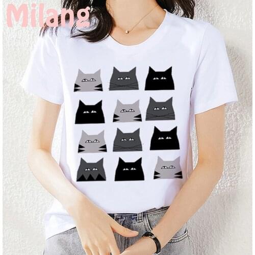 Summer 2021 Cat Face Funny Cartoon Mujer White Tops T Shirts Aesthetics Graphic Casual Short Sleeve Polyester Women T-Shirt