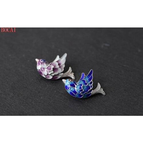 Female Art Fashion Cloisonne Swallow Necklace Pendant S925 Silver Burnt Blue Necklace Pendant