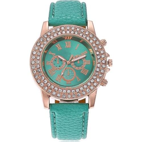 Women Quartz Watch PU Leather Strap Double Row Crystal Round Dial Watch Gifts -MX8