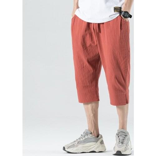 M-4XL Wide Leg Linen Drawstring Pants Elastic Waist Three Quarter Trousers Mens Summer Loose Fit Casual Pants 4XL