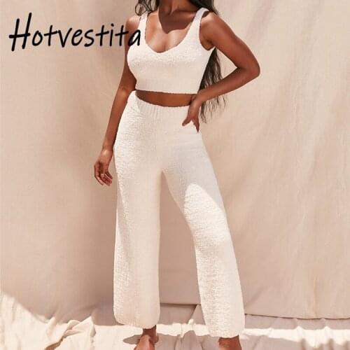 Hotvestita 2021 Spring Autumn Woman Plush Matching Sets Sexy Sleeveless Vest Crop Top Long Flare Pants 2 Piece Sets Club Outfits