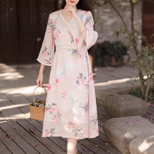 Preppy Flower Print LACEWORK V Neck Flare Sleeve Double Layers Pure Ramie Dress, Summer Young Lady Slim Fit Lining Robe Dresses