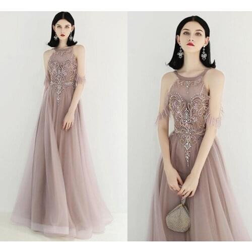 Ensotek 2019 Luxury Halter Rhinestones Beading Evening Dress Pageant Gown Sleeveless A-line for Prom Party Robe de Soiree