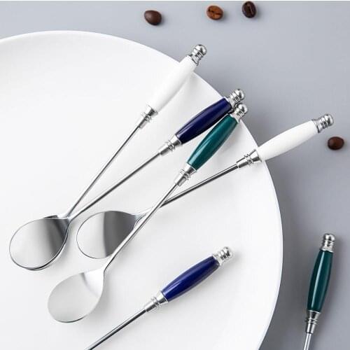 1PC Stainless Steel Coffee Dessert Spoon with Ceramic Handle Tea Spoons Coffee Stirring Spoon Household Tableware