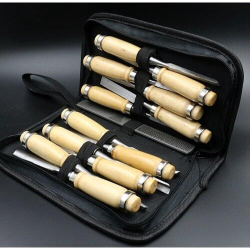 High quality 45# Steel 12Pcs wood Carving Chisel Tool set with Four-sided file, carpenter tools, graving knife with bag