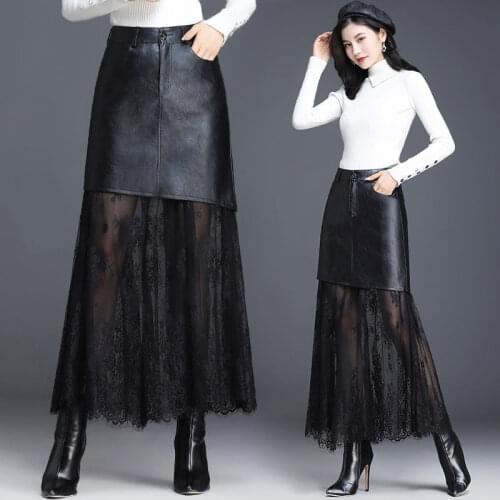 2021 Spring Autumn Fashion New Lace Stitching Skirt Female PU Leather Long Skirt High Waist Sexy Skirt Women Plus Size 4XL Y411