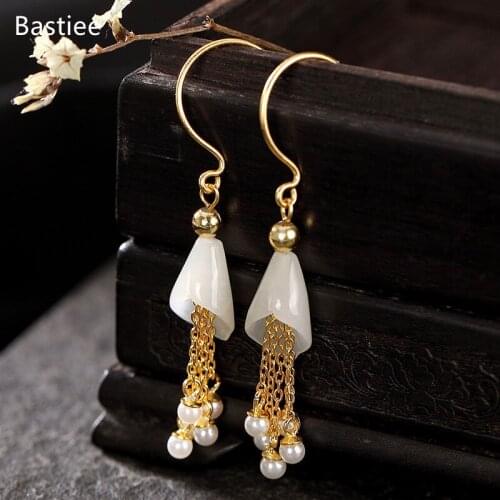 Bastiee Earrings For Women Vintage Silver 925 Jewelry Korean Earrings Jade Dangle Earrings Silver Earrings Golden Plated