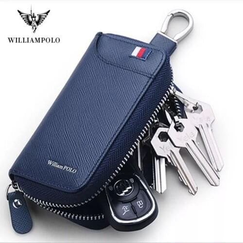 Williampolo leather key bag mens waist car key clip zipper button coin pocket multi function detachable key chain Mini Wallet