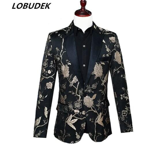 Formal Prom Slim Mens Suit jackets Fashion Embroidery Coat Male wedding groom Blazers Bar Host singer show star stage Costumes