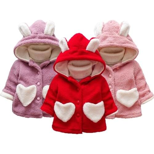 Toddler Winter Warm Plus Fleece Girls Jacket Withstand The Severe Cold Thick Cute Heart Pattern Hooded Outerwear Coat For Kids