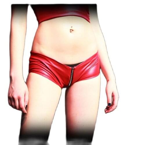 Oil Glossy Faux Latex Elastics Zipper Open Crotch PU Leather Booty Shorts Micro Mini Bermuda Short Feminino Pantalon Corto Mujer