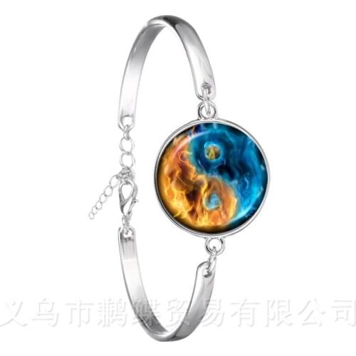Yin Yang Glass Cabochon Bracelet 18mm Glass Dome Silver Plated Bangle China Tia Chi Jewelry YinYang Jewelry Gift For Friends
